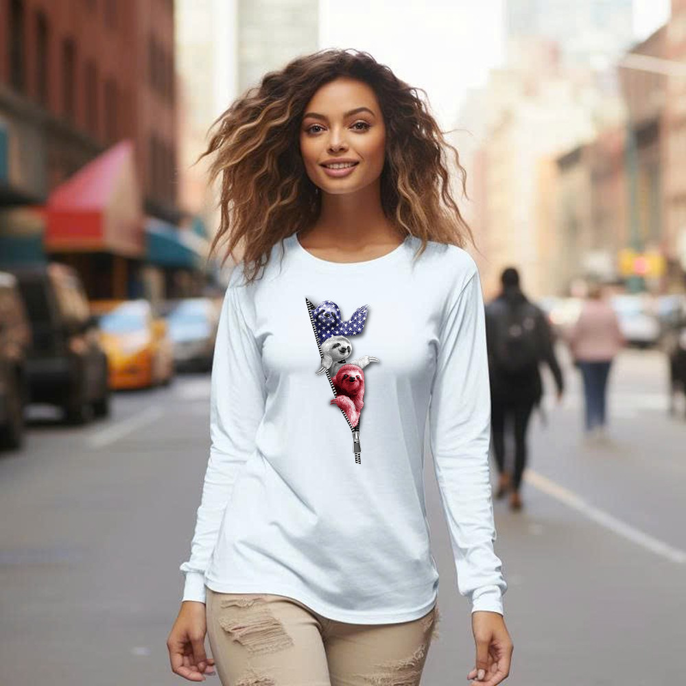 Three Sloths American Long Sleeve Shirt Patriotic Cute Sloths Tee Shirt 4Th Of July Gift For Siblings - Image 4