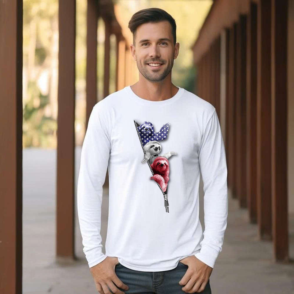 Three Sloths American Long Sleeve Shirt Patriotic Cute Sloths Tee Shirt 4Th Of July Gift For Siblings - Image 5