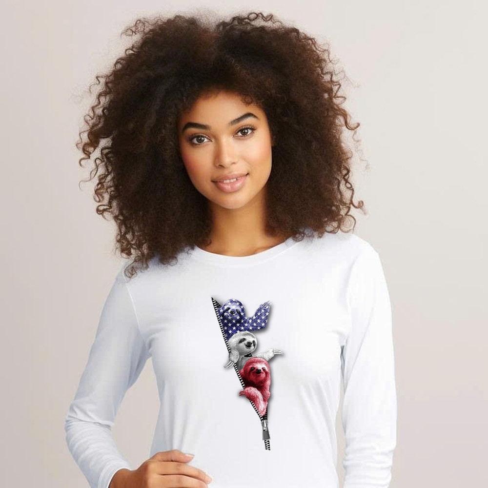 Three Sloths American Long Sleeve Shirt Patriotic Cute Sloths Tee Shirt 4Th Of July Gift For Siblings - Image 3