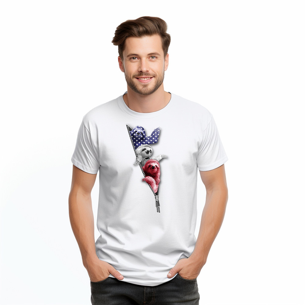 Three Sloths American T-Shirt Patriotic Cute Sloths Tee Shirt 4Th Of July Gift For Siblings - Image 3