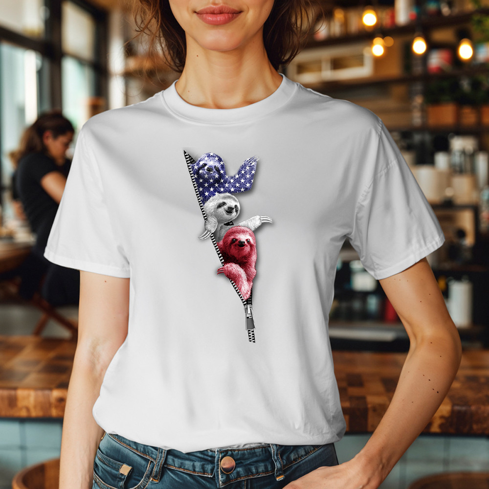 Three Sloths American T-Shirt Patriotic Cute Sloths Tee Shirt 4Th Of July Gift For Siblings - Image 5